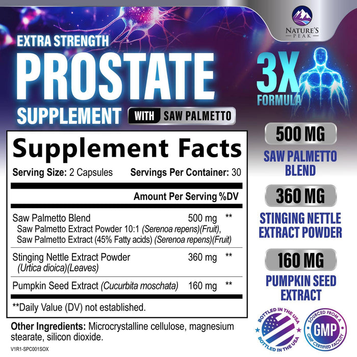 Prostate Health Supplements for Men - Support Complex 3x Formula with Saw Palmetto Blend Stinging Nettle Root & Pumpkin Seed Extract - Supports Bathroom Trips Prostate & Urinary Health - 60 Capsules