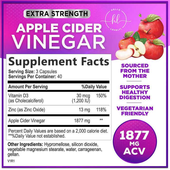 Apple Cider Vinegar Pills from the Mother - 1877mg of ACV with Vitamin D3 & Zinc, Non-GMO & Gluten Free, ACV Supplement for Digestion, Energy & Immune Support, Apple Vinegar Capsules - 120 Capsules