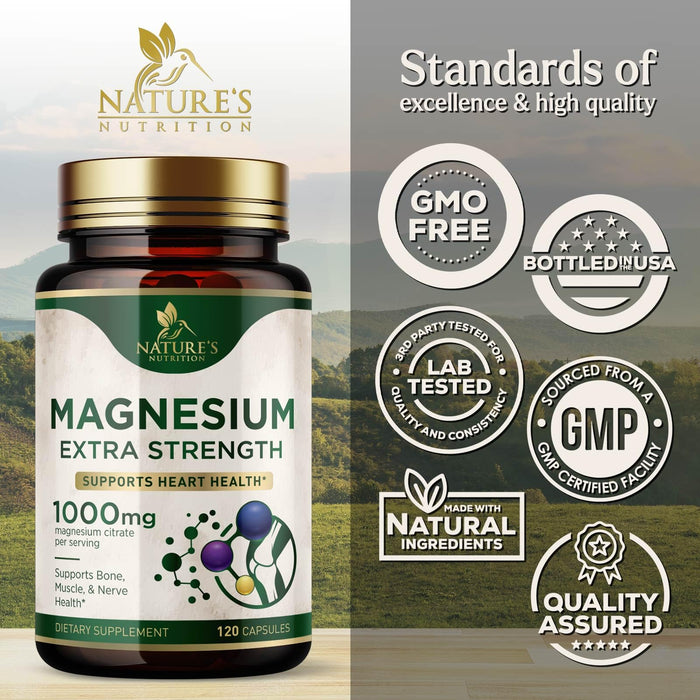 Magnesium Supplement (Citrate Oxide) 1000mg for Best Absorption, Supports Bone, Heart Health, Nerves, Muscles & Metabolism, Nature's Pure Magnesio Vitamin Pills, Bottled in USA, 120 Capsules