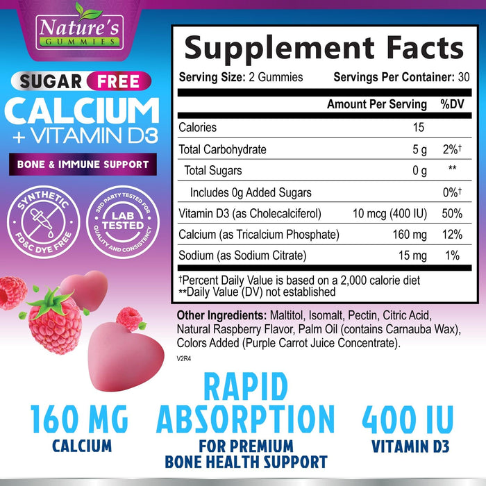 Sugar Free Chewable Calcium Gummy Vitamins - Plus 400 IU Vitamin D3 for Bone, Teeth, & Immune Health Support - Calcium Supplements for Women & Men Daily, Non-GMO, Berry Flavored - 60 Gummies