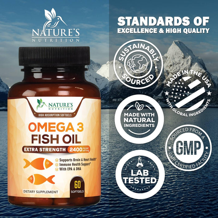 Omega 3 Fish Oil 2400 mg – Triple Strength EPA & DHA Fatty Acids for Heart, Brain & Joint Support – Wild-Caught, Burpless, Lemon Flavor Supplement – Natural, Non-GMO, Gluten-Free – 60 Softgels