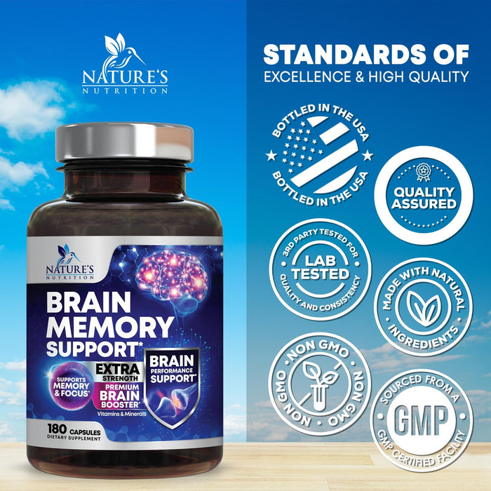 Brain Memory Supplement Pills - Nootropics Support for Concentration, Clarity, Alertness & Focus - Brain Health with Bacopa, Cognitive Vitamins, Phosphatidylserine, DMAE - Brain Booster - 180 Capsules