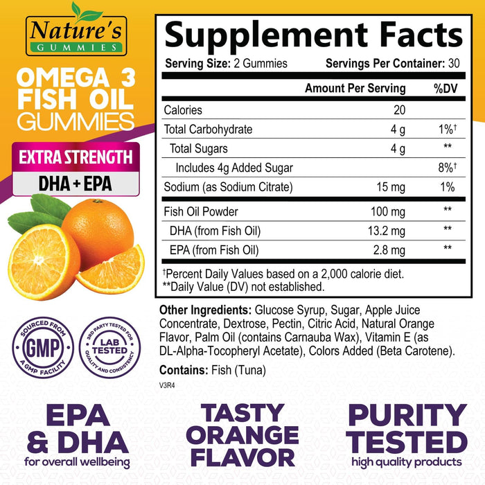 Omega 3 Fish Oil Gummies, Heart Healthy Omega 3 Gummy Supplement with High Absorption DHA & EPA, Extra Strength Joint & Brain Support, Delicious Orange Flavor Fish Oil Nature's Vitamin - 60 Gummies