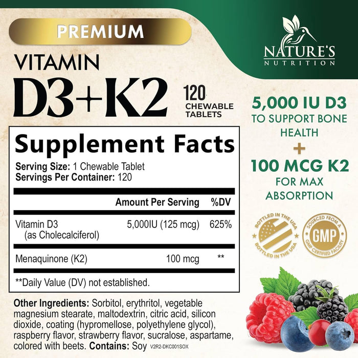 Vitamin D3 K2 Supplement | 5000 IU D3 + K2 100 mcg | MK-7 K2 with Vitamin D | Supports Immune, Heart, Teeth & Bone Health - Nature's Easy to Chew, VIT D3 K2, Non-GMO, Tasty Berry Flavor - 120 Tablets