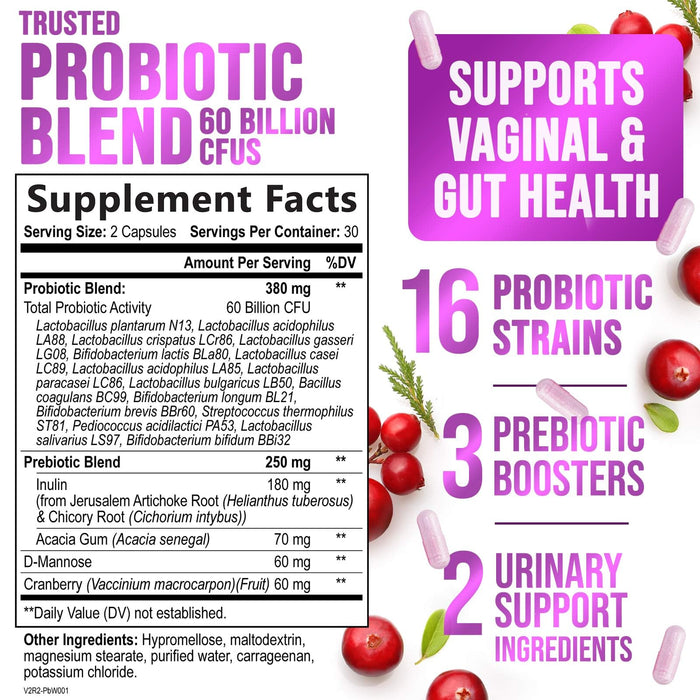 Probiotics for Women 60 Billion CFU - 16 Strains, Prebiotics & Cranberry, PH Balance, Digestive Health, Vaginal & Immune Support, Womens Probiotic for Gut Health, Shelf Stable - 60 Capsules