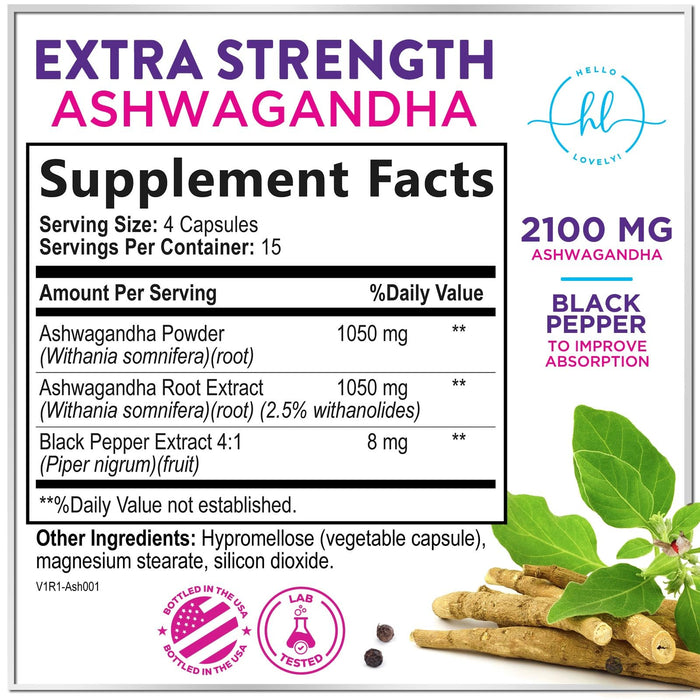 Ashwagandha 2,100 mg - Ashwagandha Supplements for Women in Veggie Capsules with Powder & Root Extract, Black Pepper for High Absorption, Plant Based, Non-GMO, Bottled in the USA - 60 Veggie Capsules