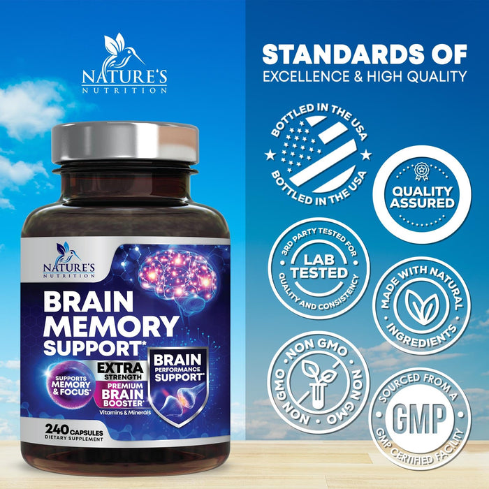 Brain Memory Supplement Pills - Nootropics Support for Concentration, Clarity, Alertness & Focus - Brain Health with Bacopa, Cognitive Vitamins, Phosphatidylserine, DMAE - Brain Booster - 240 Capsules