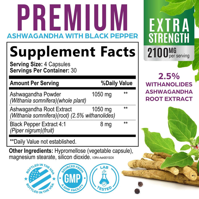 Ashwagandha 2100mg - Extra Strength with Black Pepper for Max Absorption, Ashwagandha Powder and Root Supplements for Women & Men, Antioxidant Support, Vegan, Non-GMO & Gluten Free - 120 Capsules