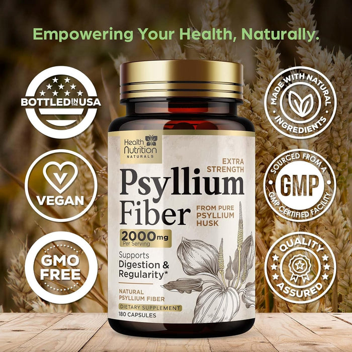Psyllium Husk Fiber Caps 1500mg Supplement - Psyllium Husk Capsules Daily Support Digestive Health & Regularity, Nature's Plant Based Husks Natural Soluble Fiber Pills, Vegan, Non-GMO - 180 Capsules
