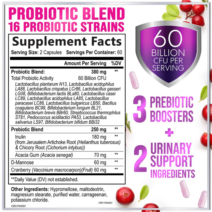 Probiotics for Women - 60 Billion CFU & 16 Strains for pH Balance, Vaginal & Digestive Support, Women's Probiotic with Cranberry for Gut Health, Urinary & Immune Support, Shelf Stable - 120 Capsules