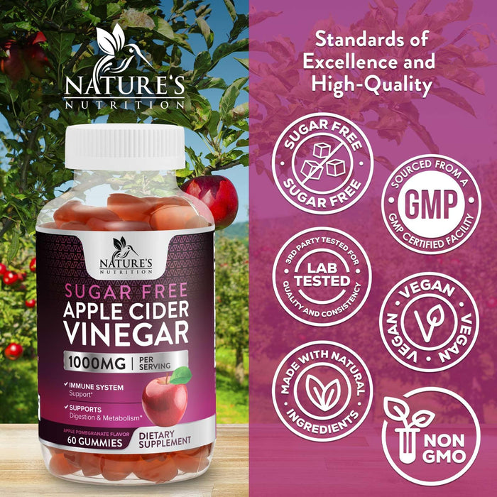 Apple Cider Vinegar Gummies for Weight Loss 1000mg - Vegan Apple Vinegar Gummy for Detox & Cleanse, ACV Supplement Pills, Vitamin B12, Sugar Free ACV Gummy, Non-GMO, Nature's Nutrition - 60 Gummies