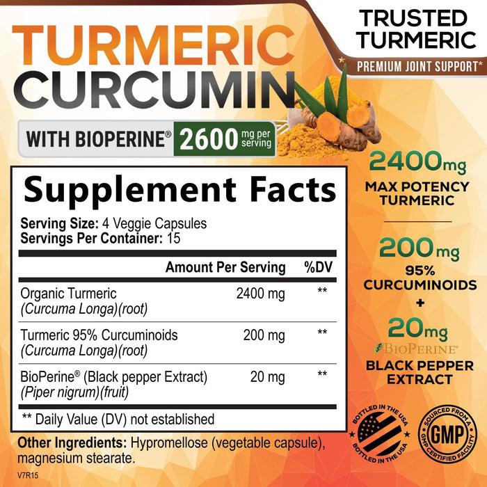Turmeric Curcumin Supplement with BioPerine 95% Curcuminoids 2600mg with Black Pepper for Best Absorption, Bottled in USA, Best Natural Vegan Joint Support, Nature's Non-GMO Tumeric - 60 Capsules