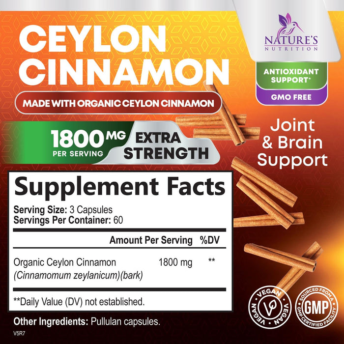 Organic Ceylon Cinnamon Supplement 1800mg - Certified Organic Ceylon Cinnamon Powder Pills - Energy & Heart Support for Women & Men, Bottled in USA, Antioxidant, Gluten Free, Non-GMO - 180 Capsules