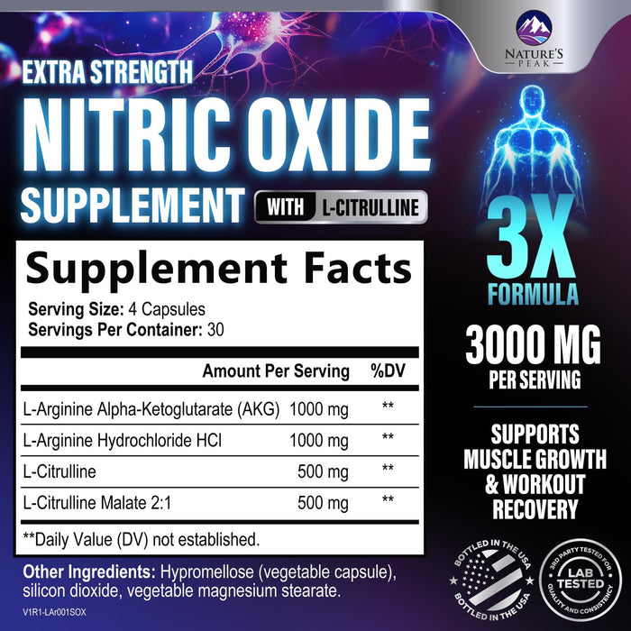 Nitric Oxide Supplement 3000mg L Arginine 3X Strength - Citrulline Malate & AKG - Extra Strength Muscle Supporting Nitric Booster for Muscle Growth & Workout Recovery to Train Harder - 120 Capsules