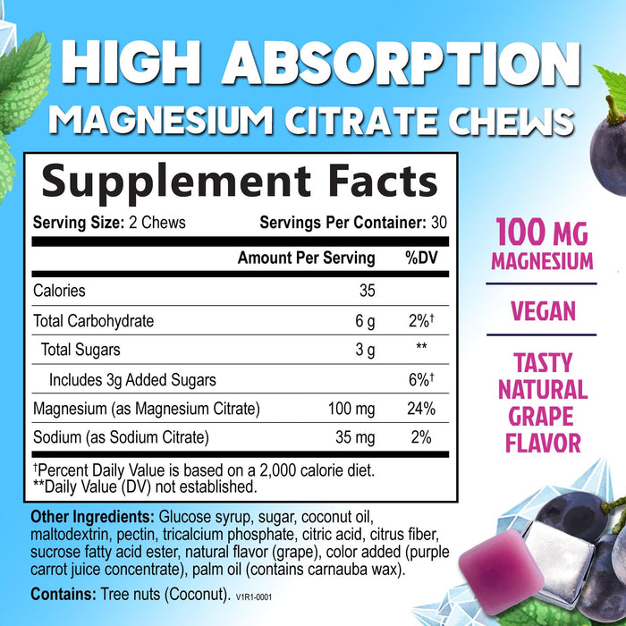 Magnesium Citrate Supplement Gummies 100mg - High Absorption Magnesium Citrate Soft Chews for Heart, Muscle, Calm, & Nerve Health Support, Vegan Chewable Gummies for Adults, Grape-Flavor - 60 Count