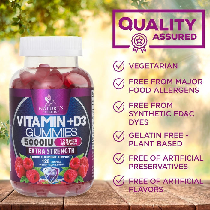 Vitamin D3 Supplement Gummy 5000 IU (125 mcg) Dietary Vitamins D for Men & Women - Bone, Teeth, Muscle and Immune Health Support, High Potency VIT D3 Nature's Non-GMO & Gluten Free - 120 Gummies
