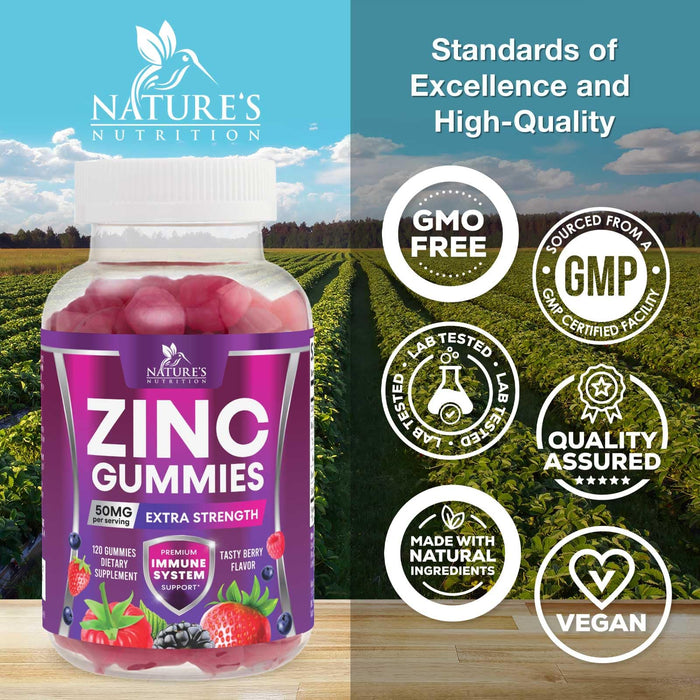 Zinc Gummies 50mg - Bone Skin & Immune Support Health Gummy & Premium Antioxidant Chewable for Adults - High Absorption Vegan, Gluten Free Zinc Supplements Vitamin - Tasty Berry Flavor - 120 Gummies