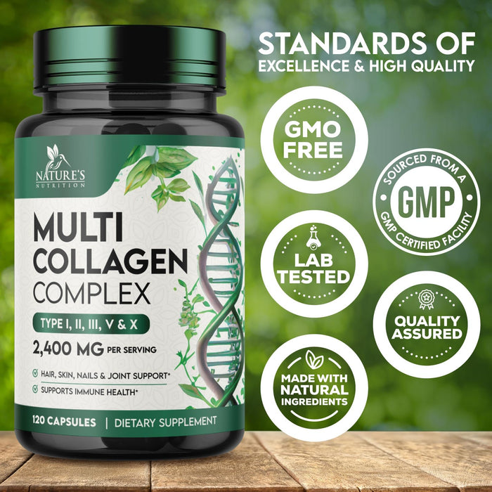 Multi Collagen Peptides Supplement 2400 mg, Types I, II, III, V & X Multi Collagen Pills Complex, Hydrolyzed Collagen Peptides Supplements, Hair, Skin, Nail, and Joint Support Supplement, 120 Capsules