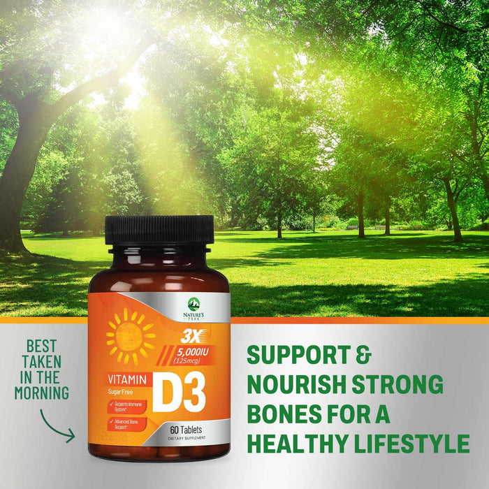 Vitamin D3 5000iu (125 mcg) Immune Health Support - High Potency Vitamin D Dietary Supplement for Bone, Teeth, Muscle - Nature's VIT D, Vegan, Gluten Free, Raspberry Flavor - 60 Chewable Tablets