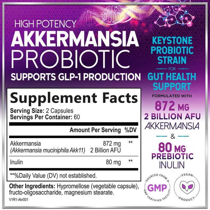 Akkermansia Probiotic with Prebiotic Fiber - Supports GLP-1 Production - 2 Billion AFU Strain for Digestive & Gut Health Support - Delayed Release, Third-Party Tested for Women & Men - 120 Capsules