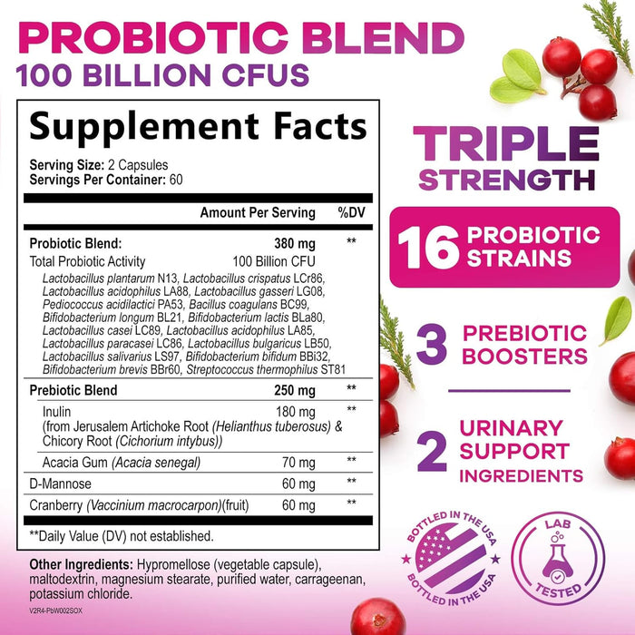 Probiotics for Women 60 Billion CFU - 16 Strains, Prebiotics & Cranberry, PH Balance, Digestive Health, Vaginal & Immune Support, Womens Probiotic for Gut Health, Shelf Stable - 120 Capsules