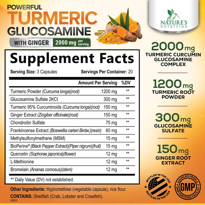 Turmeric Curcumin Supplement 2000mg with Glucosamine Chondroitin & Ginger, 95% Curcuminoids, BioPerine Black Pepper for Best Absorption, Nature's Joint Support, Non-GMO, Bottled in USA - 60 Capsules