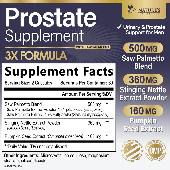 Prostate Health Supplements for Men - Support Complex 3X Formula with Saw Palmetto Blend Stinging Nettle Root & Pumpkin Seed Extract - Supports Bathroom Trips Prostate & Urinary Health - 60 Capsules