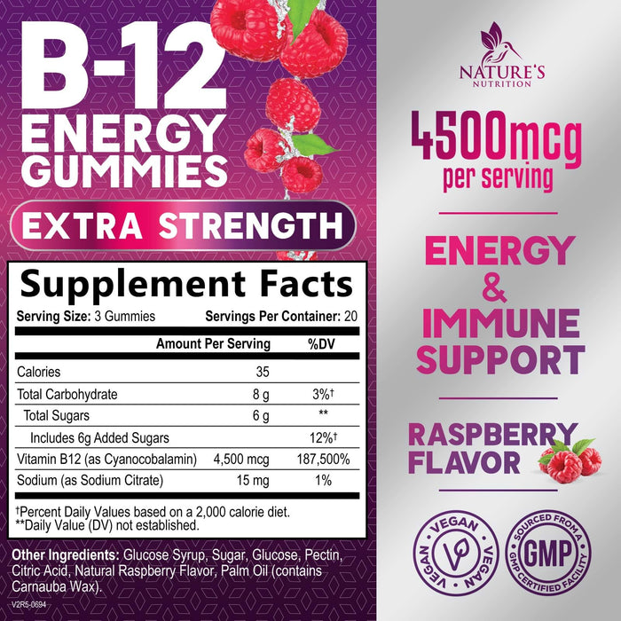 B-12 Vitamin Energy Gummies - 4500mcg Extra Strength B12 Gummy Chewables for Energy Metabolism & Immune Support - Dietary Supplement for Women, Men, & Kids - Non-GMO, Vegan, Berry Flavor - 60 Count