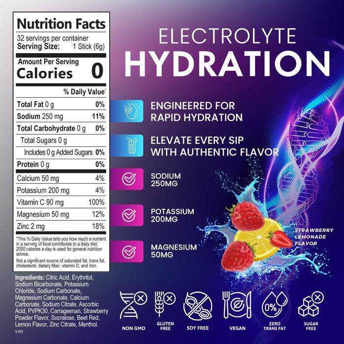 Hydration Electrolyte Packets - Daily Liquid Replenisher Powder - Electrolyte Multiplier with Minerals, Potassium & Real Salt - Vegan, Non-GMO - Tasty Lemon Flavor Hydration Electrolytes - 32 Servings