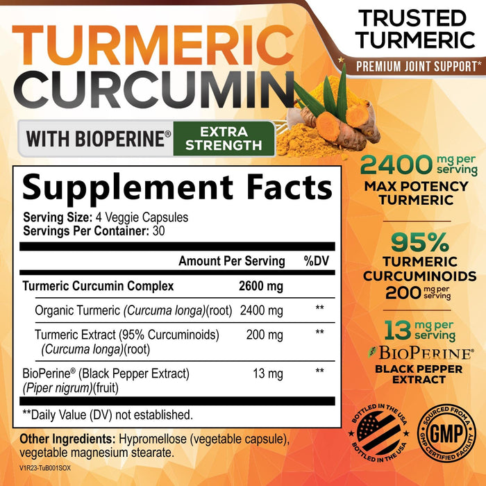 Turmeric Curcumin with BioPerine 95% Curcuminoids 2600mg with Black Pepper for Absorption – 120 Capsules