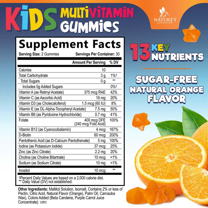 Multivitamin for Kids Gummies - Vitamin D3, C, B12, B6, A & Zinc, Daily Children Vitamins for Immune Support, Sugar-Free, Chewable Multivitamin Gummy for Toddlers & Kids, Orange Flavor - 60 Gummies