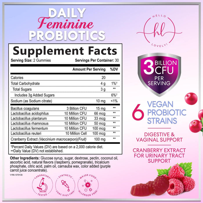 Probiotics for Women Gummies with Cranberry - 6 Premium Strains for PH Balance, Digestive Health, Vaginal & Immune Support, 3 Billion CFU, Women's Probiotic Gummy for Feminine Health - 60 Gummies