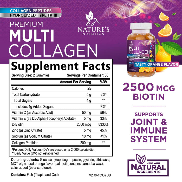 Collagen Gummies for Women with Vitamin C, Zinc & Biotin - Hydrolyzed Protein Type 1 & 3 Multi Collagen Peptides Supplement - Support for Hair, Skin, Nails & Joints, Gluten Free Complex - 60 Gummies