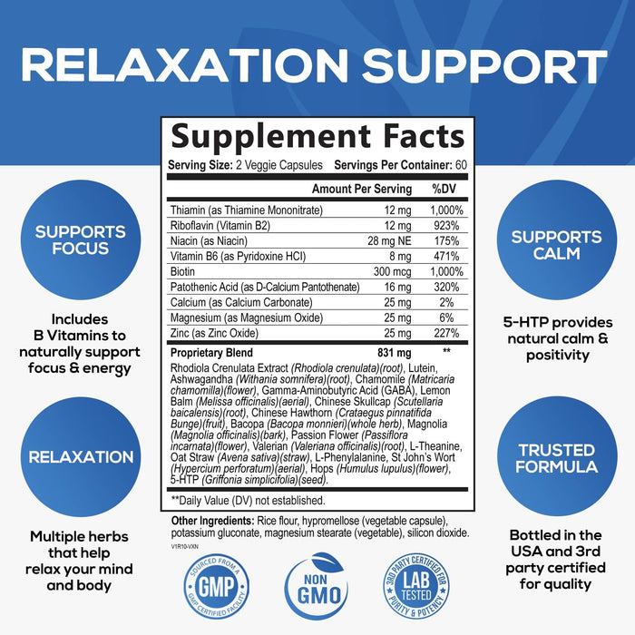 Natural Calm, Unwind & Relax Support with Ashwagandha, GABA, Magnesium, 5-HTP, L-Theanine & B Vitamins, Natural Focus, Energy & Immune Support - Nature's Non-GMO, Vegan, Gluten Free - 60 Capsules