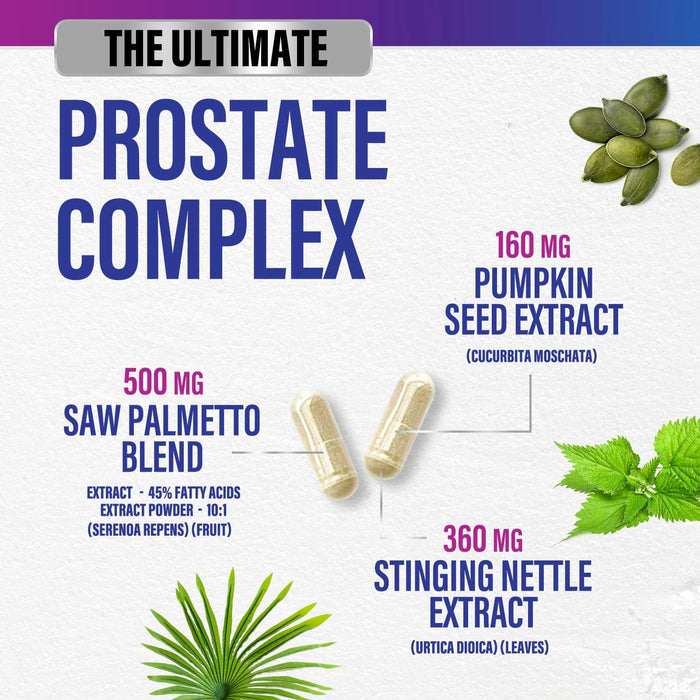 Prostate Health Supplements for Men - Support Complex 3x Formula with Saw Palmetto Blend Stinging Nettle Root & Pumpkin Seed Extract - Supports Bathroom Trips Prostate & Urinary Health - 60 Capsules