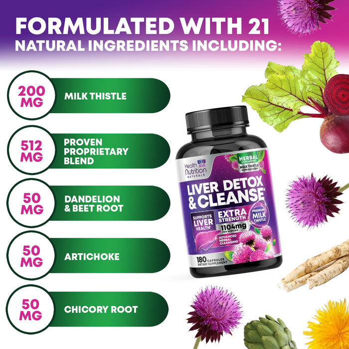 Gentle Liver Cleanse Detox & Repair Formula - Herbal Liver Support Supplement: Milk Thistle with Silymarin, Artichoke Extract, Dandelion, Beet, Chicory Root, & Turmeric for Liver Health - 180 Capsules