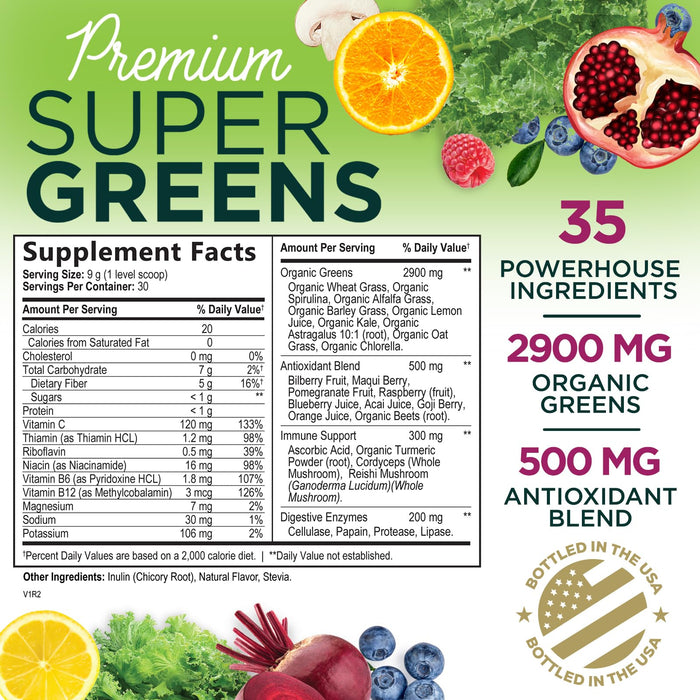 Greens Powder Superfood Drink Mix - Green Whole Food Blend for Energy & Gut Health with Organic Wheat Grass, Spirulina, Chlorella, Digestive Enzymes Antioxidant & Fiber, Berry Flavor, 30 Servings
