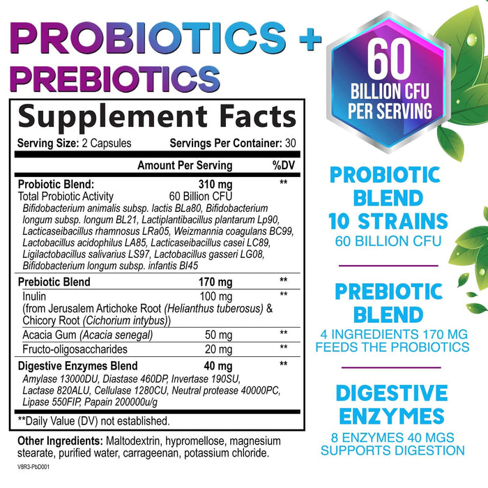 Probiotics for Women & Men 60 Billion CFU - 10 Strains with Lactobacillus, Digestive Gut Health Probiotics & Immune Support Supplement, Supports Occasional Constipation, Gas & Bloating - 60 Capsules