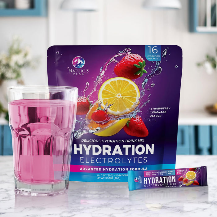 Electrolyte Hydration Packets - Best Electrolytes Drink Mix - Sugar Free Formula with Sodium, Potassium, Magnesium, Zinc & Vitamin C for Dehydration Relief and Rehydration, Strawberry Lemon (16 Pack)