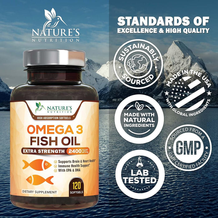 Omega 3 Fish Oil 2400 mg - Triple Strength EPA & DHA Fatty Acids for Heart, Brain & Joint Support Wild-Caught, Burpless, Lemon Flavor Supplement Natural, Non-GMO, Gluten-Free - 120 Softgels