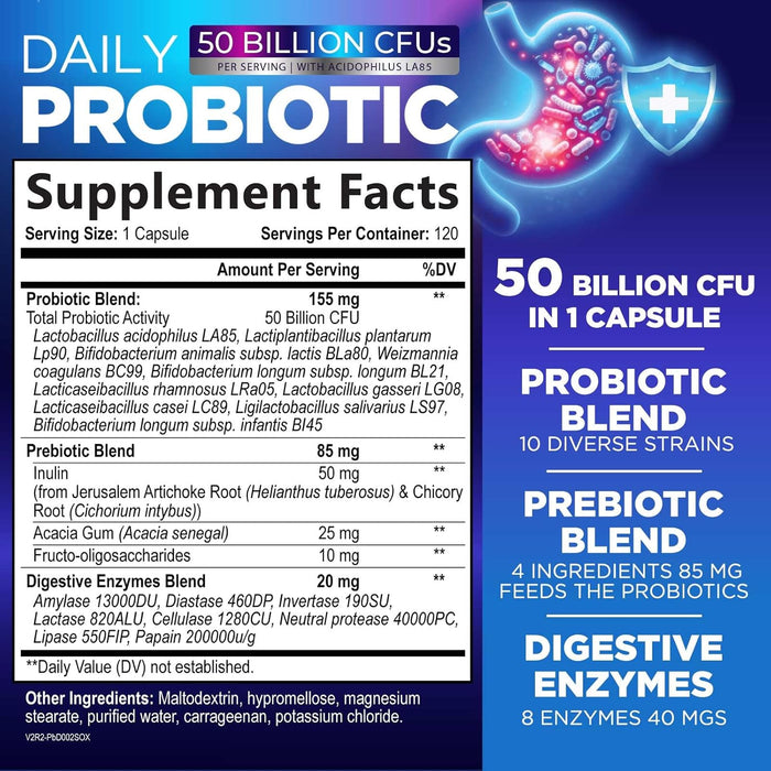 Probiotics 60 Billion CFU - 10 Strains + Digestive Enzymes & Prebiotics - Best Probiotic for Women & Men, Supports Immune, Gut Health, Occasional Constipation, Diarrhea, Gas & Bloating - 120 Capsules