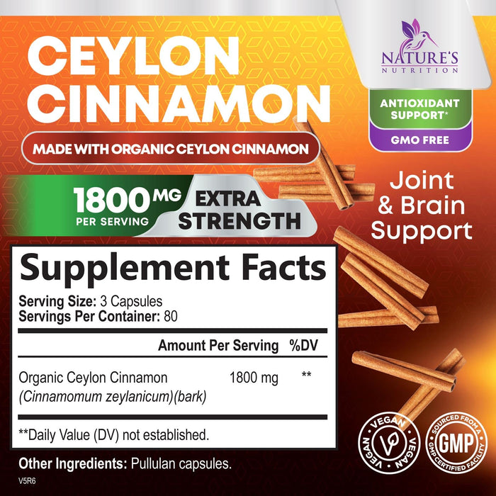 Organic Ceylon Cinnamon Supplement 1800mg - Certified Organic Ceylon Cinnamon Powder Pills - Energy & Heart Support for Women & Men, Bottled in USA, Antioxidant, Gluten Free, Non-GMO - 240 Capsules