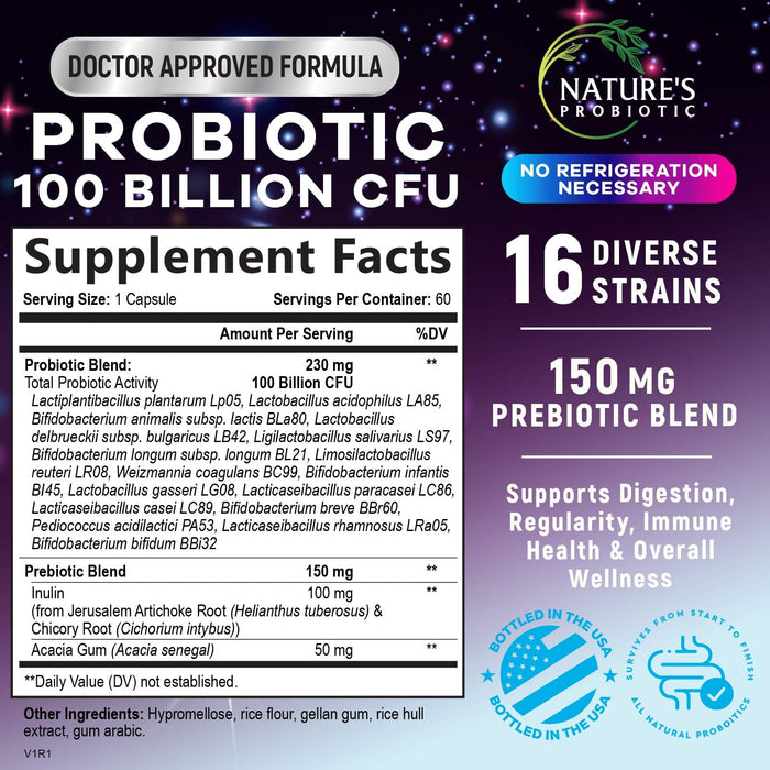 Probiotic Pills 100 Billion CFU Prebiotics, Acidophilus Probiotics Supports Immune System Digestive Health, Supports Occasional Constipation & Bloating, Daily Supplement for Women & Men - 60 Capsules