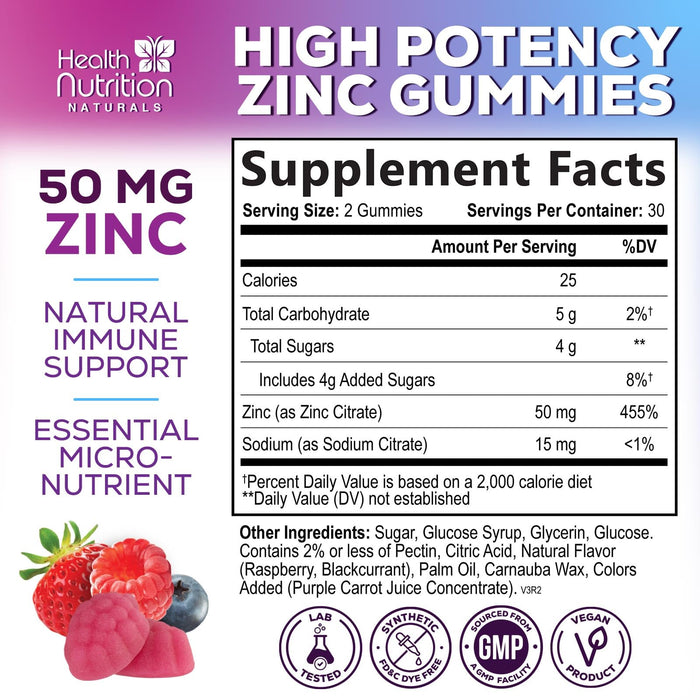 Zinc Supplement 50mg Gummies for Adults - Max Strength Skin Health & Immune Support Gummy, Vegan, Non-GMO & Gluten Free, Nature’s Antioxidant & Bone Health Chewable Tasty Berry Flavor - 60 Gummies