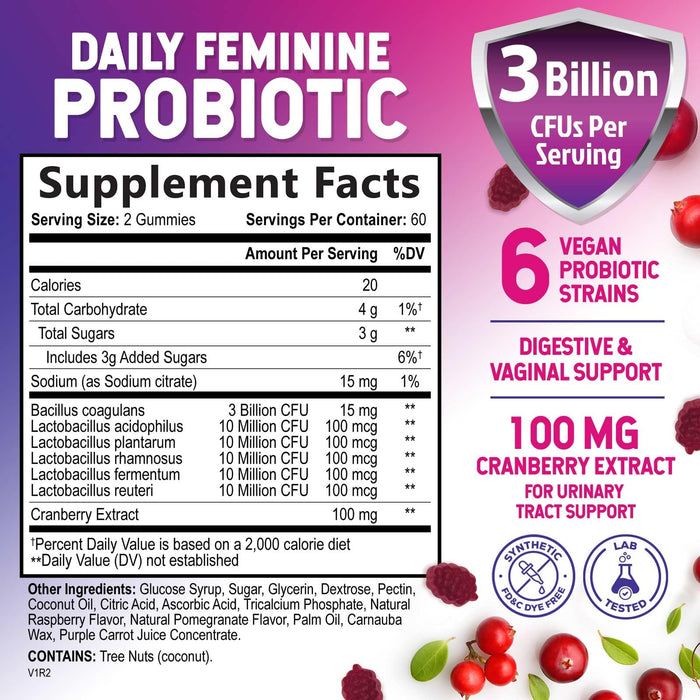 Probiotics for Women Gummies with Cranberry - 6 Premium Strains for PH Balance, Digestive Health, Vaginal & Immune Support, 3 Billion CFU, Women's Probiotic Gummy for Feminine Health - 120 Gummies