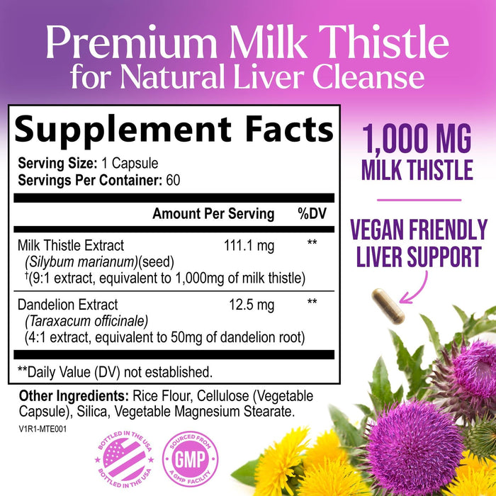 Milk Thistle Extract - Liver Cleanse Detox & Repair Formula with Dandelion Extract 1000mg - Herbal Liver Supplement - Nature's Milk Thistle w/Silymarin Marianum, Supports Liver Health - 60 Capsules