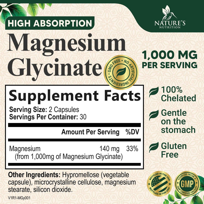 Magnesium Glycinate 1000mg - Magnesium for Bone, Muscle, Nerves & Heart Health Support, Natures Sleep Support, Best Mag Supplement Pills for Whole Body - Chelated for Ultra Absorption - 60 Capsules