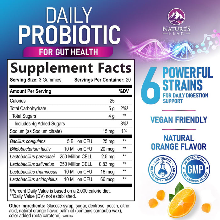 Probiotic Gummies for Women, Men & Teens - 5 Billion CFUs, 6 Pro Biotic Strains - Daily Probiotic Gummy Supplement for Natural Digestive Health, “Good” Gut & Immune Support, Orange Flavor - 60 Count