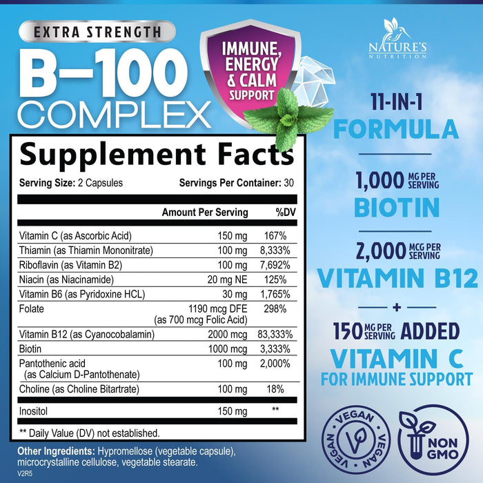B Complex Vitamins Capsules with Vitamin B6 B12 B100 C Biotin Folate & Folic Acid - Supplement for Heart, Brain, & Nerve Support - Super Complete B-Complex for Immune & Energy Support - 60 Capsules