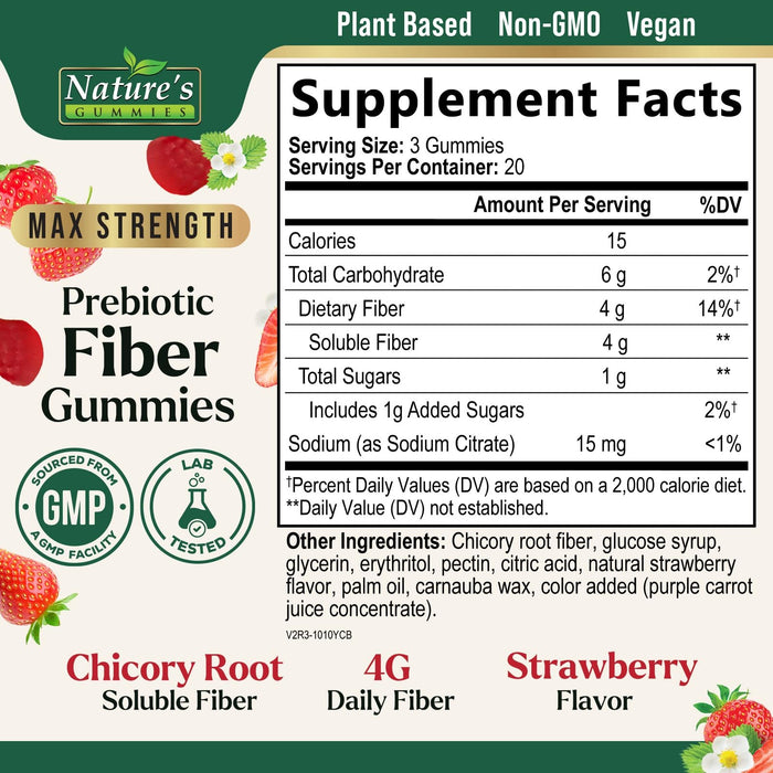 Fiber Gummies for Digestive Health & Regularity Support, Fiber 4g Gummy for Adults, Daily Prebiotic Supplements Blend, Natural Prebiotics Extra Strength Gummy, Added Fruit Flavor - 60 Gummies